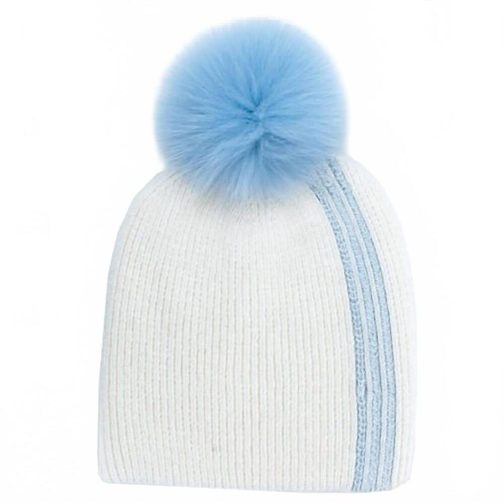 NEW MITCHIE'S MATCHINGS women's racer stripe & fox fur pom pom beanie in white b